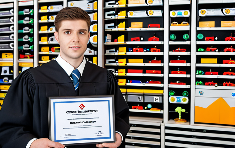 **
A determined logistics information manager graduate, holding their certificate, juxtaposed against a backdrop of various company logos representing different levels of future growth potential. The foreground emphasizes aspiration, while the background subtly hints at researching company visions and new ventures in logistics.
**