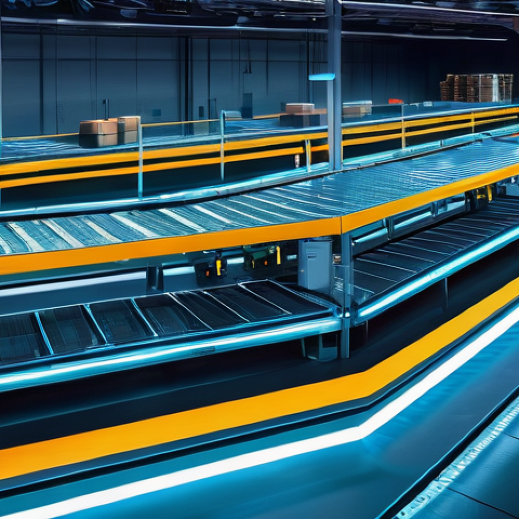 물류정보관리사와 물류창고 관리 전략 - A futuristic, highly automated smart logistics warehouse during a busy operational shift. Robotic ar...