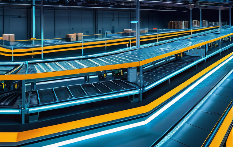 물류정보관리사와 물류창고 관리 전략 - A futuristic, highly automated smart logistics warehouse during a busy operational shift. Robotic ar...