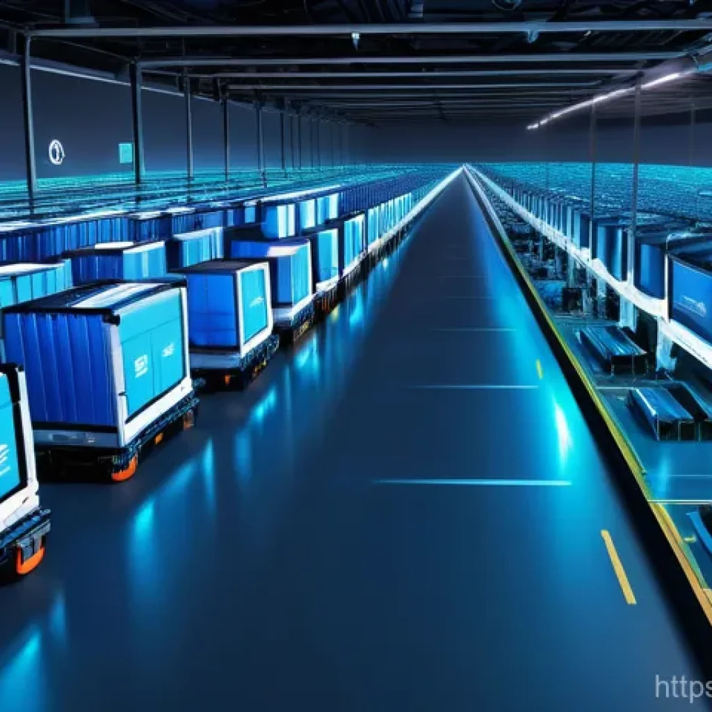 물류정보관리사 실무에서 활용 가능한 IT 기술 - A vibrant, futuristic logistics hub scene at dusk. In the foreground, autonomous robotic forklifts e...