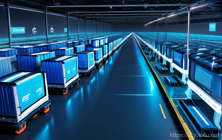 물류정보관리사 실무에서 활용 가능한 IT 기술 - A vibrant, futuristic logistics hub scene at dusk. In the foreground, autonomous robotic forklifts e...